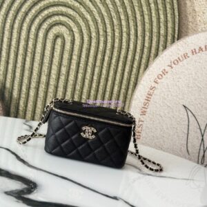 Replica Chanel 25P Long Vanity With Chain Shiny Grained Calfskin with CC Heart Strass AP4530 Black