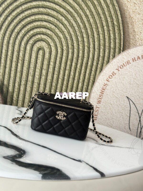 Replica Chanel 25P Long Vanity With Chain Shiny Grained Calfskin with CC Heart Strass AP4530 Black 3