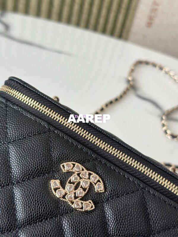 Replica Chanel 25P Long Vanity With Chain Shiny Grained Calfskin with CC Heart Strass AP4530 Black 4