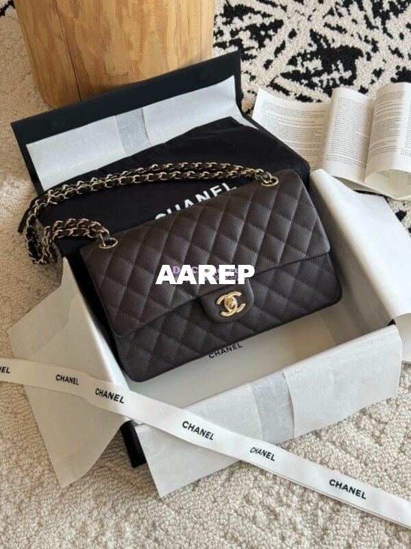 Replica Chanel CF 1112 Classic Flap Bag Qulited Grainy Caviar with Light Gold Hardware in Dark Coffee 3