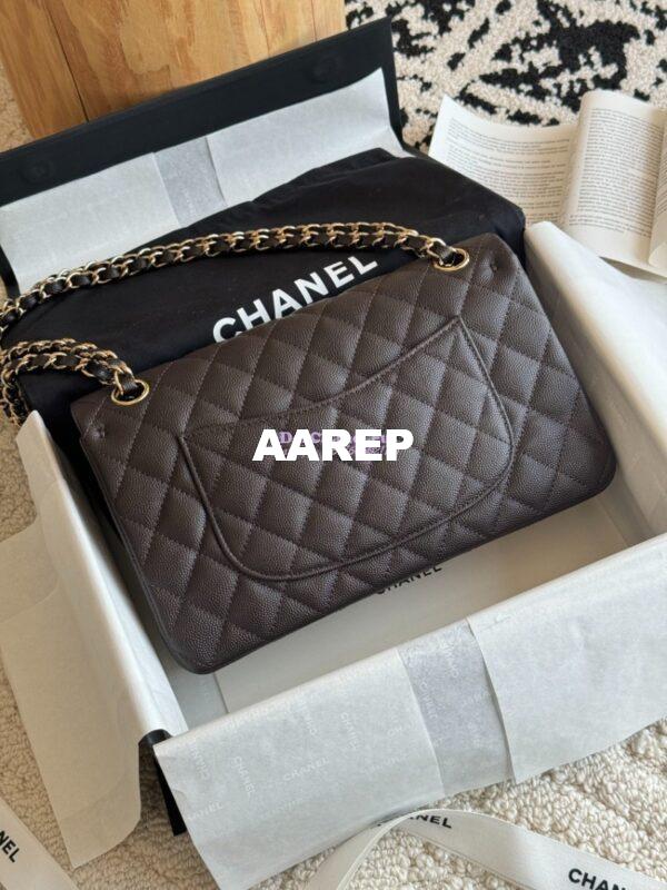Replica Chanel CF 1112 Classic Flap Bag Qulited Grainy Caviar with Light Gold Hardware in Dark Coffee 10
