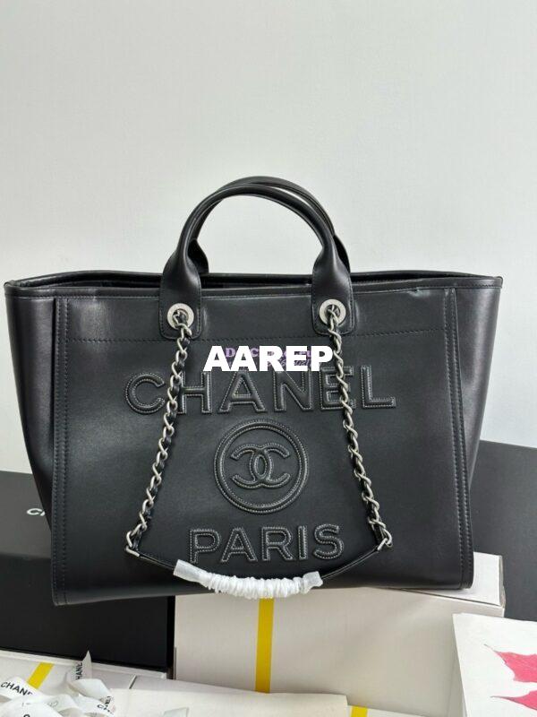 Replica Chanel Large Tote 2 in 1 Calfskin Deauville Bag A66941 Black Embroidered Logo