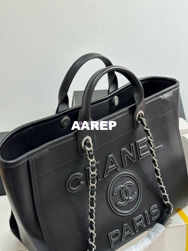 Replica Chanel Large Tote 2 in 1 Calfskin Deauville Bag A66941 Black Embroidered Logo 3