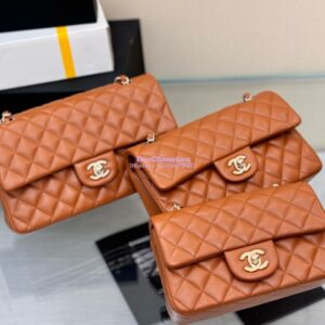 Replica Chanel Small Classic Flap CF Bag Lambskin Shining Light Gold Hardware 20cm in Caramel Brown