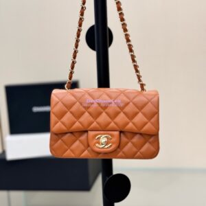 Replica Chanel Small Classic Flap CF Bag Lambskin Shining Light Gold Hardware 20cm in Caramel Brown 2