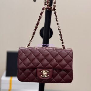 Replica Chanel Small Classic Flap CF Bag Lambskin Shining Light Gold Hardware 20cm in Dark Burgundy
