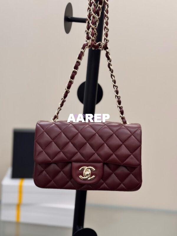 Replica Chanel Small Classic Flap CF Bag Lambskin Shining Light Gold Hardware 20cm in Dark Burgundy 3