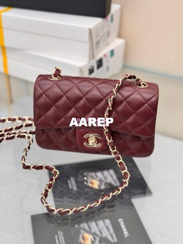Replica Chanel Small Classic Flap CF Bag Lambskin Shining Light Gold Hardware 20cm in Dark Burgundy 6