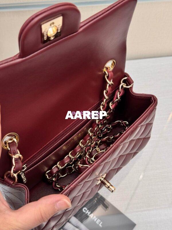 Replica Chanel Small Classic Flap CF Bag Lambskin Shining Light Gold Hardware 20cm in Dark Burgundy 11