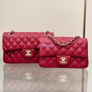 Replica Chanel Small Classic Flap CF Bag Lambskin Shining Light Gold Hardware 20cm in Deep Red
