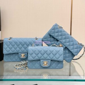 Replica Chanel Small Classic Flap CF Bag Lambskin Shining Light Gold Hardware 20cm in Ash Blue