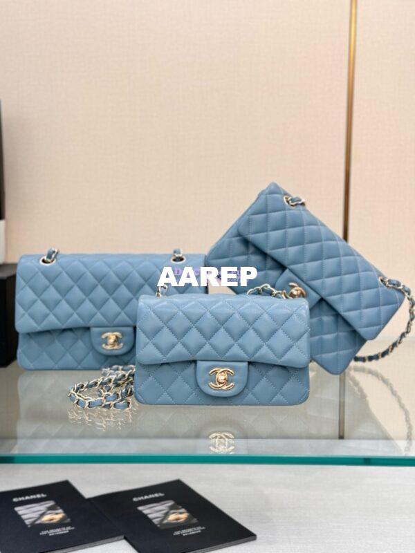 Replica Chanel Small Classic Flap CF Bag Lambskin Shining Light Gold Hardware 20cm in Ash Blue 3