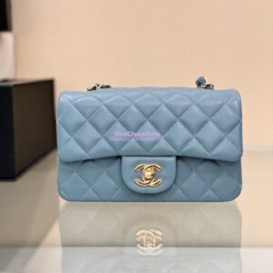 Replica Chanel Small Classic Flap CF Bag Lambskin Shining Light Gold Hardware 20cm in Ash Blue 2