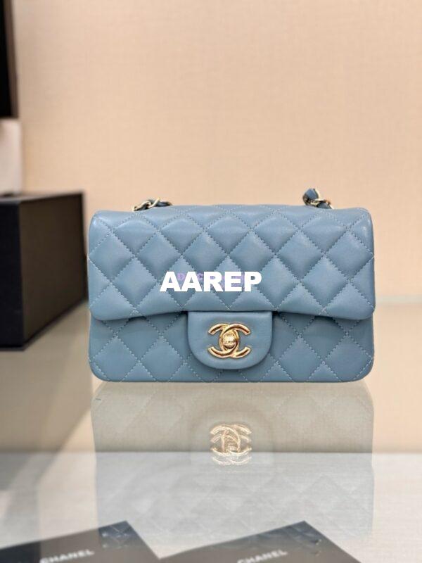 Replica Chanel Small Classic Flap CF Bag Lambskin Shining Light Gold Hardware 20cm in Ash Blue 4