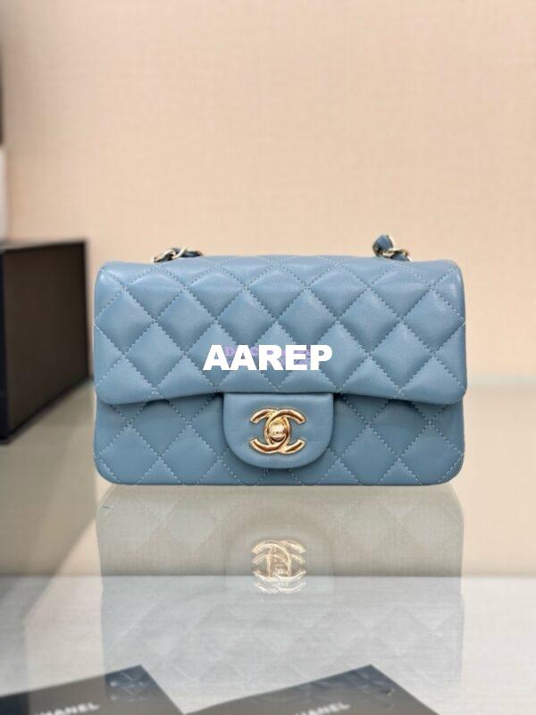 Replica Chanel Small Classic Flap CF Bag Lambskin Shining Light Gold Hardware 20cm in Ash Blue 5