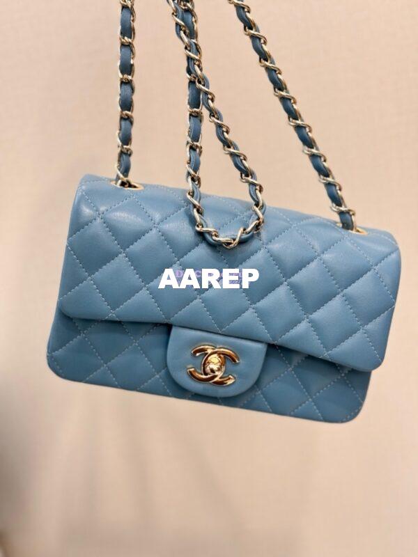 Replica Chanel Small Classic Flap CF Bag Lambskin Shining Light Gold Hardware 20cm in Ash Blue 7