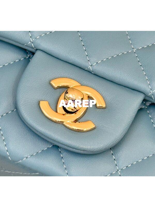 Replica Chanel Small Classic Flap CF Bag Lambskin Shining Light Gold Hardware 20cm in Ash Blue 9