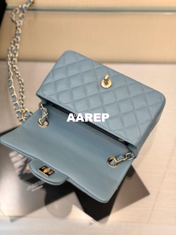 Replica Chanel Small Classic Flap CF Bag Lambskin Shining Light Gold Hardware 20cm in Ash Blue 12