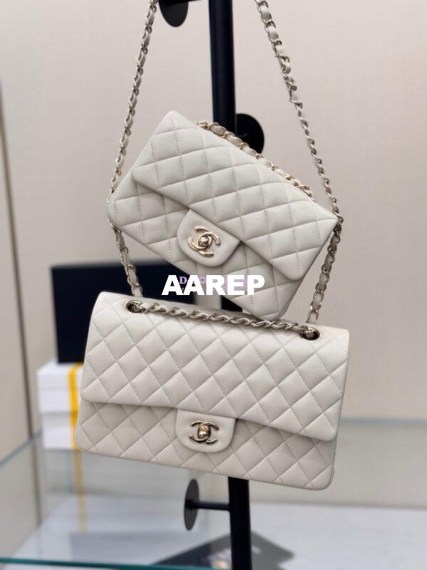 Replica Chanel Small Classic Flap CF Bag Lambskin Shining Light Gold Hardware 20cm in Milk White 3