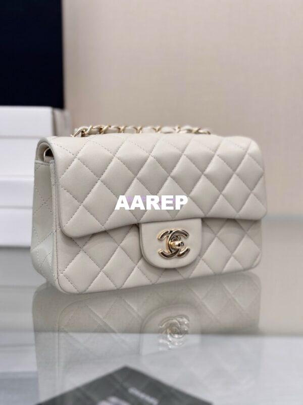 Replica Chanel Small Classic Flap CF Bag Lambskin Shining Light Gold Hardware 20cm in Milk White 6