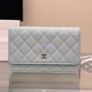 Replica Chanel New Magnetic Caviar Wallet On Chain WOC Light Blue Bag 33814 2