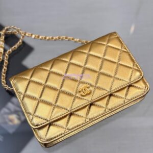 Replica Chanel New Magnetic Metallic Lambskin Wallet On Chain WOC Gold Bag 33814