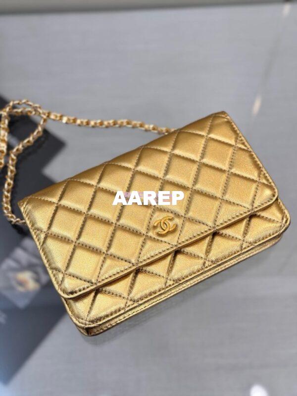Replica Chanel New Magnetic Metallic Lambskin Wallet On Chain WOC Gold Bag 33814