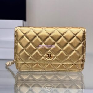Replica Chanel New Magnetic Metallic Lambskin Wallet On Chain WOC Gold Bag 33814 2