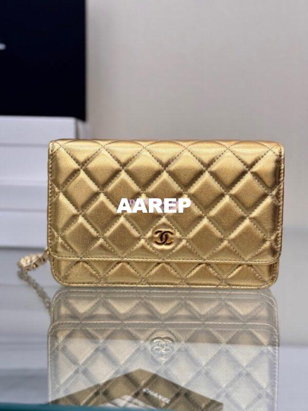 Replica Chanel New Magnetic Metallic Lambskin Wallet On Chain WOC Gold Bag 33814 2