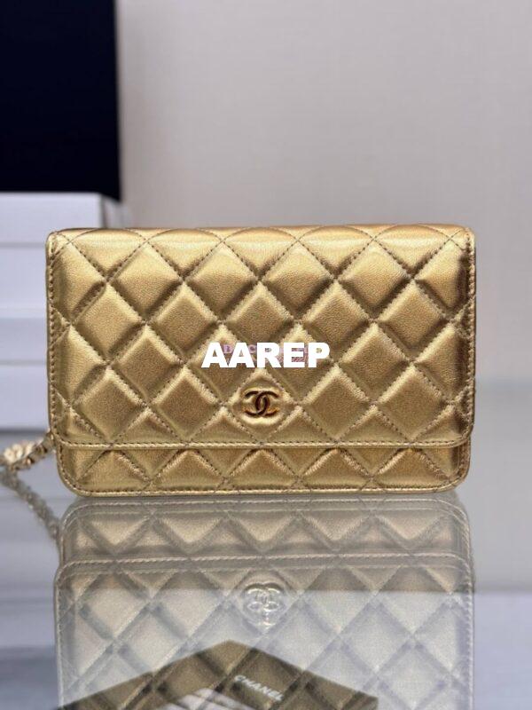 Replica Chanel New Magnetic Metallic Lambskin Wallet On Chain WOC Gold Bag 33814 3
