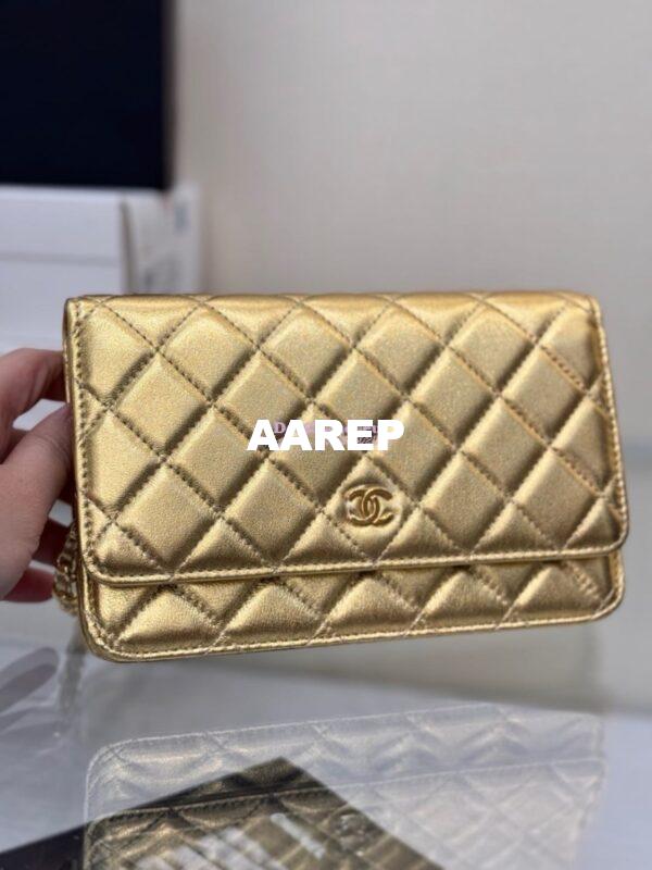 Replica Chanel New Magnetic Metallic Lambskin Wallet On Chain WOC Gold Bag 33814 5