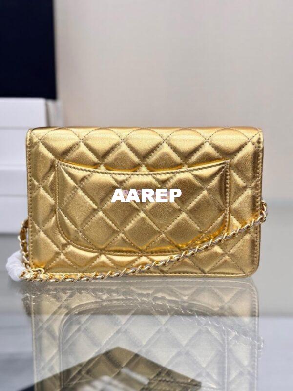 Replica Chanel New Magnetic Metallic Lambskin Wallet On Chain WOC Gold Bag 33814 6