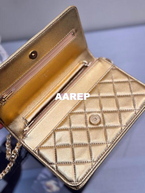 Replica Chanel New Magnetic Metallic Lambskin Wallet On Chain WOC Gold Bag 33814 11