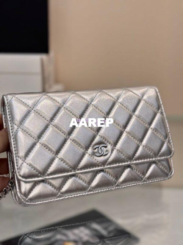 Replica Chanel New Magnetic Metallic Lambskin Wallet On Chain WOC Silver Bag 33814 3