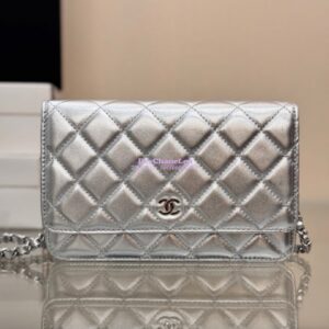 Replica Chanel New Magnetic Metallic Lambskin Wallet On Chain WOC Silver Bag 33814 2