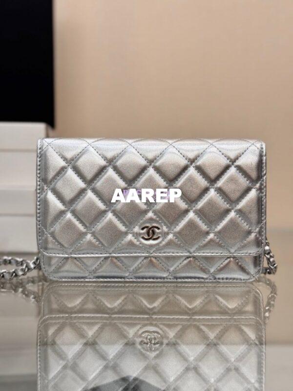 Replica Chanel New Magnetic Metallic Lambskin Wallet On Chain WOC Silver Bag 33814 4