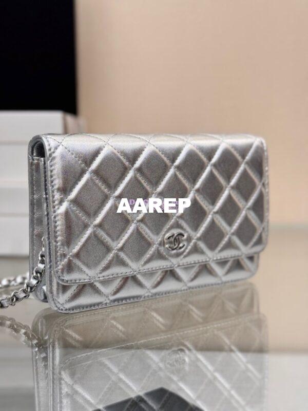 Replica Chanel New Magnetic Metallic Lambskin Wallet On Chain WOC Silver Bag 33814 5