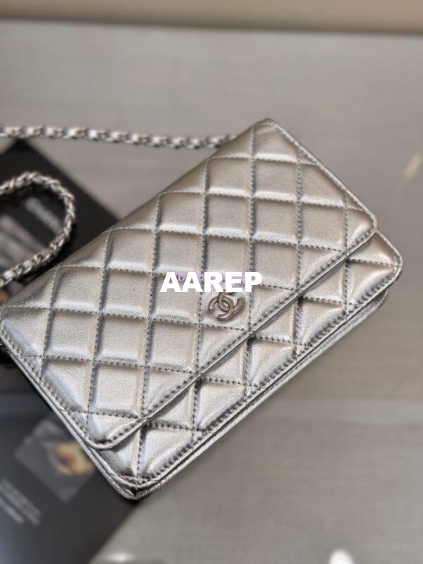 Replica Chanel New Magnetic Metallic Lambskin Wallet On Chain WOC Silver Bag 33814 6