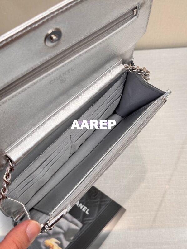 Replica Chanel New Magnetic Metallic Lambskin Wallet On Chain WOC Silver Bag 33814 9