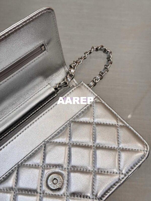Replica Chanel New Magnetic Metallic Lambskin Wallet On Chain WOC Silver Bag 33814 10