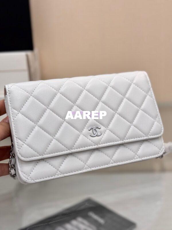 Replica Chanel New Magnetic Lambskin Wallet On Chain WOC White Bag 33814