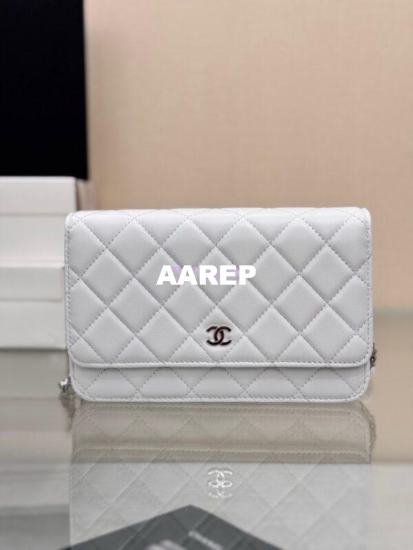 Replica Chanel New Magnetic Lambskin Wallet On Chain WOC White Bag 33814 2