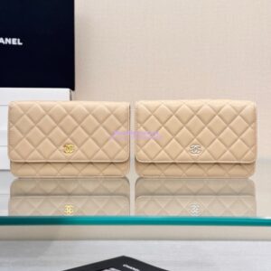 Replica Chanel New Magnetic Lambskin Wallet On Chain WOC Beige Bag 33814