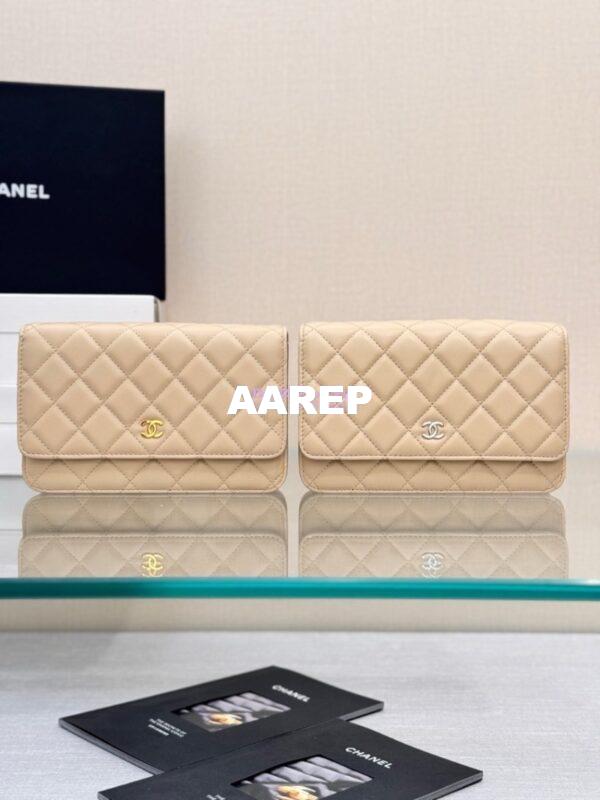 Replica Chanel New Magnetic Lambskin Wallet On Chain WOC Beige Bag 33814