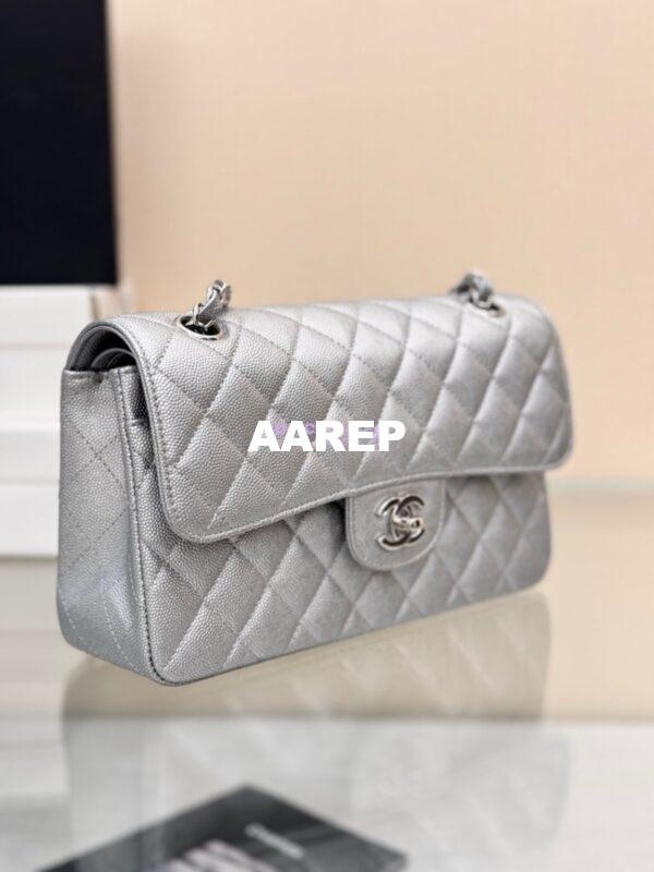 Replica Chanel Small Classic Double Flap Bag 23cm Caviar Metallic Silver 4