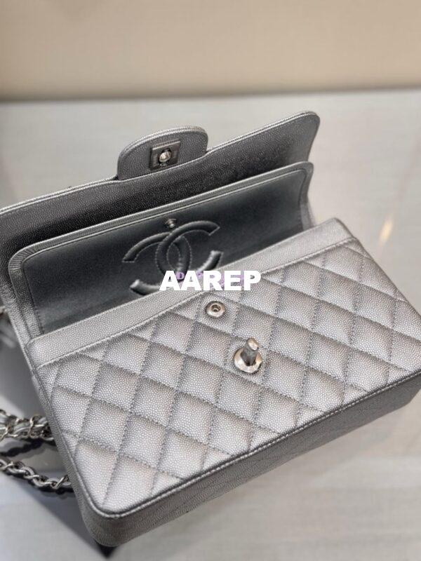 Replica Chanel Small Classic Double Flap Bag 23cm Caviar Metallic Silver 10