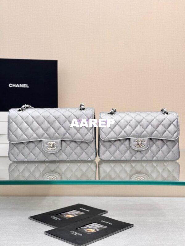 Replica Chanel CF Medium Classic Double Flap Bag Quilted Metallic Caviar Silver 3