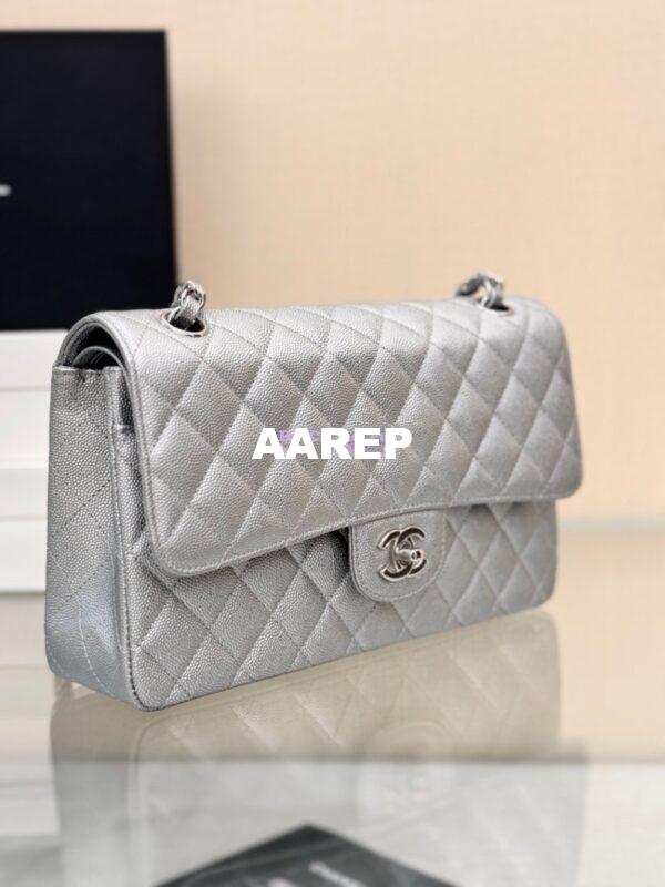 Replica Chanel CF Medium Classic Double Flap Bag Quilted Metallic Caviar Silver 4