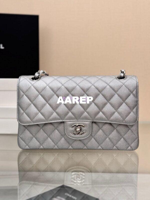 Replica Chanel CF Medium Classic Double Flap Bag Quilted Metallic Caviar Silver 5