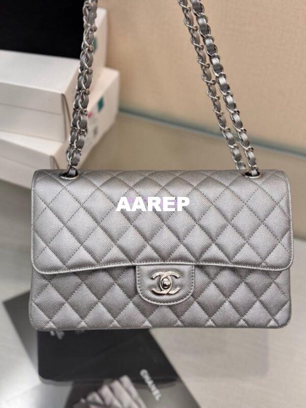 Replica Chanel CF Medium Classic Double Flap Bag Quilted Metallic Caviar Silver 6